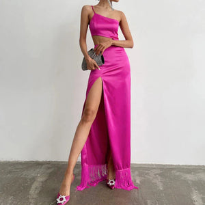 Satin Silk Cut Out Tassel Maxi Dress Pink