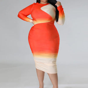 Plus Size Long Sleeve Two Tone Bodycon Midi Dress Orange