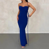 Slip Sheath Solid Ruched Maxi Dress Royal Blue