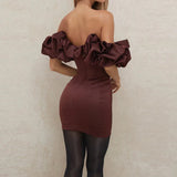 Satin Ruffle Sleeve Mini Dress Deep Red