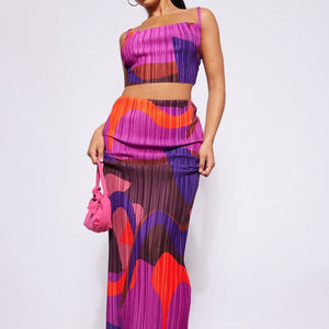 Printed Pleated Cami Top And Skirt Matching Set  Purple