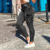 High Waist Skinny Cargo Jeans With Side Pockets Black