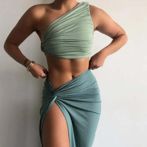 2-Piece Ruched Crop Top and High Slit Midi Skirt Matching Set Green