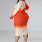 Plus Size Long Sleeve Two Tone Bodycon Midi Dress Orange