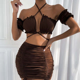 2-Piece Lace Sling Top and Mini Skirt Matching Set Brown