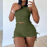 Drawstring Basic Matching Shorts Set Olive