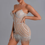 Sparkly Embellished Fringe Cocktail Mini Dress Beige