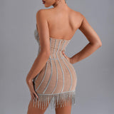 Sparkly Embellished Fringe Cocktail Mini Dress Beige