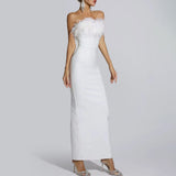 Strapless Feather Tassel Maxi Dress White