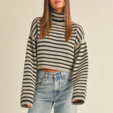 Stripe High Neck Oversize Crop Sweater Khaki