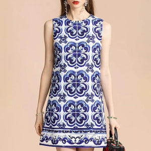 Tile-Print Brocade Mini Dress Blue