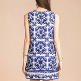 Tile-Print Brocade Mini Dress Blue