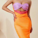 Colorblock Hollow Out Strapless Maxi Dress Orange