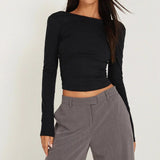 Long Sleeve Backless Crop Top Black