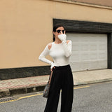 Cut Out Shoulder Long Sleeve Crop Sweater White