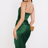 Side Split Satin Ruched Midi Dress Green