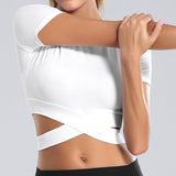 Short Sleeve Strappy Waist Workout Crop Top White