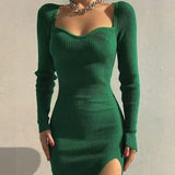 Knitted Long Sleeve Heart Collar Sweater Midi Dress Green