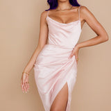 Side Split Satin Ruched Midi Dress Light Pink