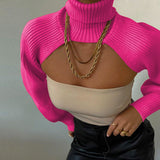 Knitted Crop Shrug Turtleneck Sweater Hot Pink