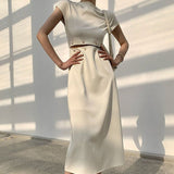 Round Neck Short Sleeve High Waist Cut Out Midi Dress Beige