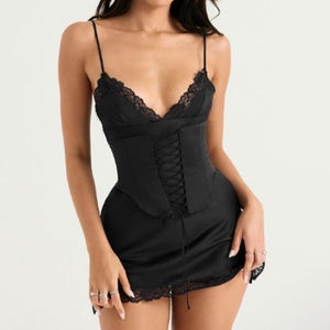 Lace Corset Spaghetti Strap Mini Dress Black