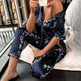 2-Piece Satin Short Sleeve Pants Sleepwear Set Dark Blue Floral