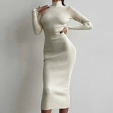 Knitted Turtleneck Long Sleeve Midi Dress Cream