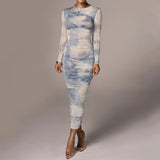 Long Sleeve Tie Dyed Bodycon Maxi Dress Blue