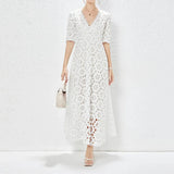 Half Sleeve Hollow Out Embroidery Maxi Dress White