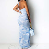 Backless Cloud Print Halter Maxi Dress Blue