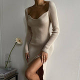 Knitted Long Sleeve Heart Collar Sweater Midi Dress Tan