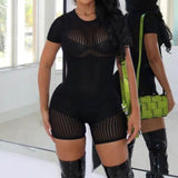 Knitted Hollow Out Short Sleeve Romper Black