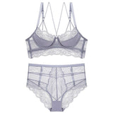 2-Piece French Lace Bra and High Waist Panty Set Gray