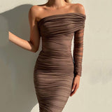 One Shoulder Long Sleeve Mesh Midi Dress Brown