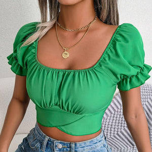 Ruffled Sleeve Crop Top Green