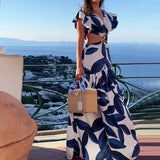 Cut Out Waist Butterfly Short Sleeve Print Maxi Dress Blue