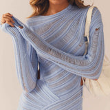 Hollow Out Long Sleeve Knitted Mini Dress Light Blue