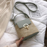 Metal Detail Straw Bucket Bag Green