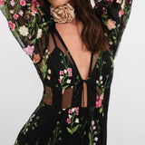 Long Sleeve Maxi Beach Floral Mesh Dress Black