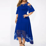 Plus Size Shoulder Cut Out Lace Hem Embroidery Midi Dress Blue