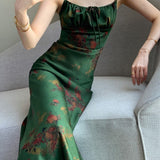 Sleeveless Floral Satin Maxi Dress Green