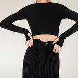 2-Piece Crew Neck Cross Tie Top and Midi Skirt Matching Set Black