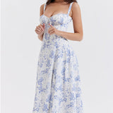 Sleeveless Maxi Boho Lace Up Dress Blue Floral