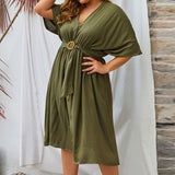 Plus Size Wooden Belt Midi Dress Green