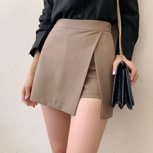 Asymmetrical High Waist Side-Slit Skort Brown