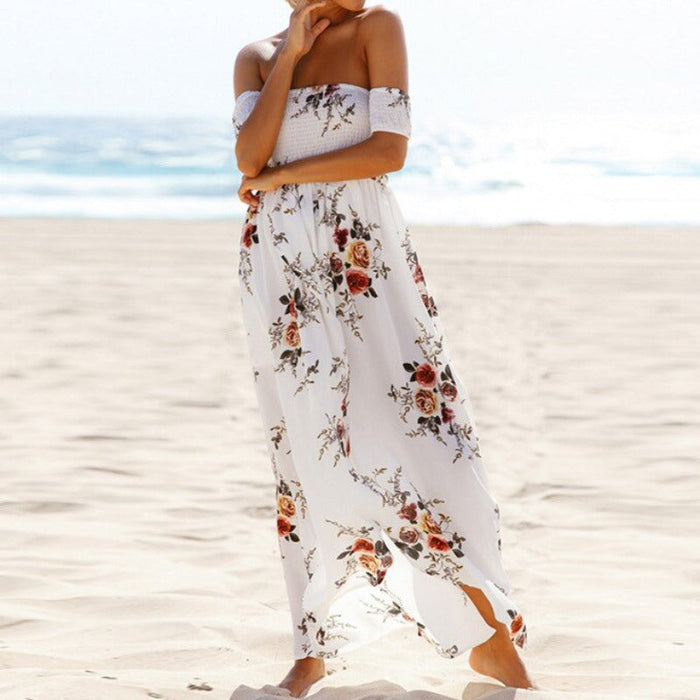 Off Shoulder Side Slit Floral Maxi Dress White