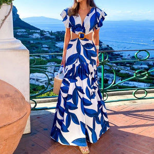 Cut Out Waist Butterfly Short Sleeve Print Maxi Dress Blue