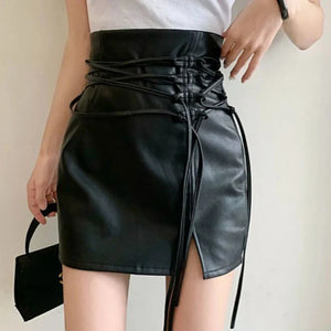 Faux Leather Lace-Up High Waist Mini Skirt Black