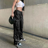 Baggy Wide Leg High Waist Straight Cargo Pants Black